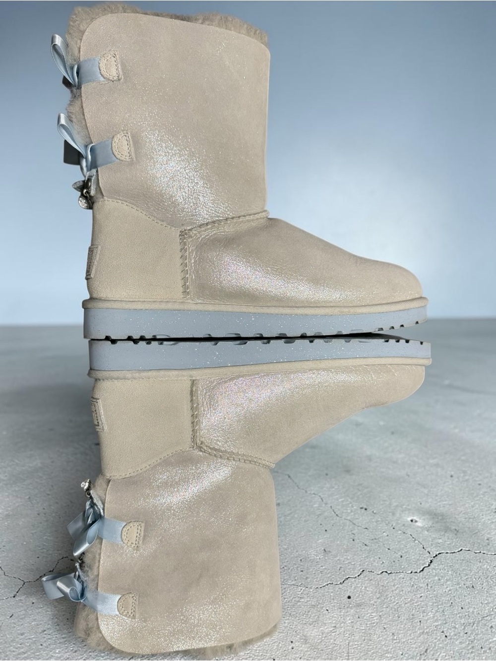 UGG Bailey Bow Bling SWAROVSKI Crystal Charm Boots Shimmer Sheepskin Blue Size 9 - Picture 3 of 16